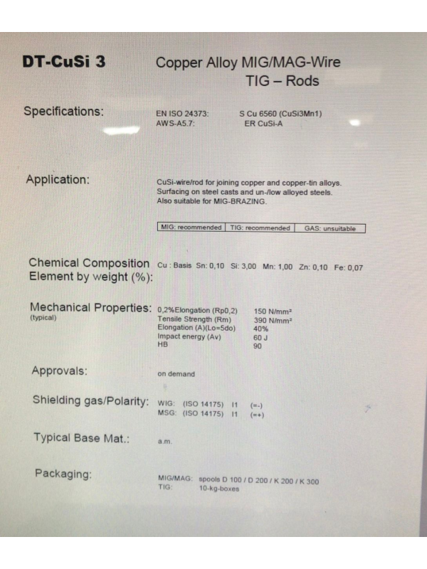 VARILLAS DE APORTACION BRONCE CuSi3- 1,6 MM ( 1 KG)