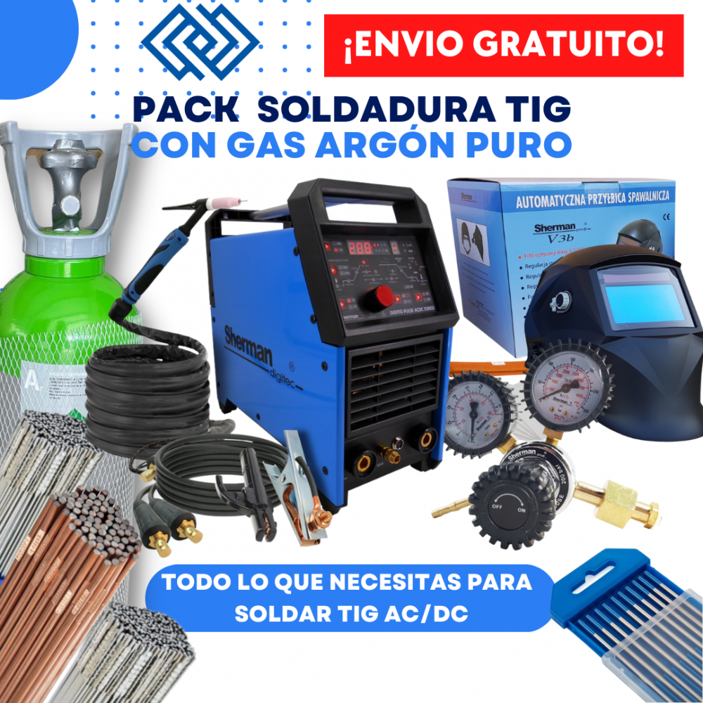 Pack Ahorro SHERMAN TIG AC/DC 200 GD +BOTELLA 20 L +MANOMETRO+MASCARA Y CONSUMIBLES