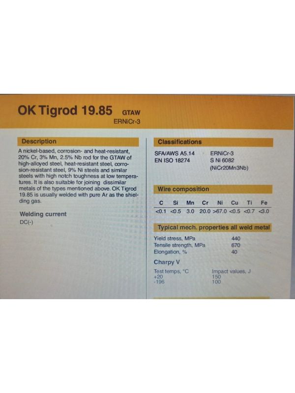 Varilla de aportación ERNiCr-3