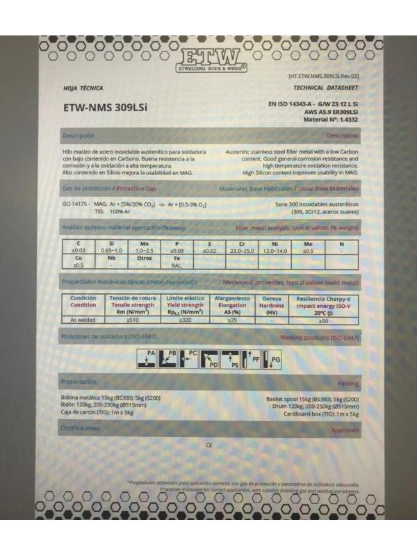 HILO ACERO INOXIDABLE 309LSi (15 KG) 1,0 MM