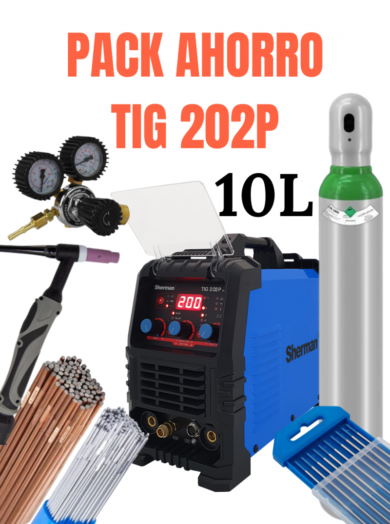 Pack ahorro TIG DC 202P – Equipo completo con soldadora Sherman y botella 10L
