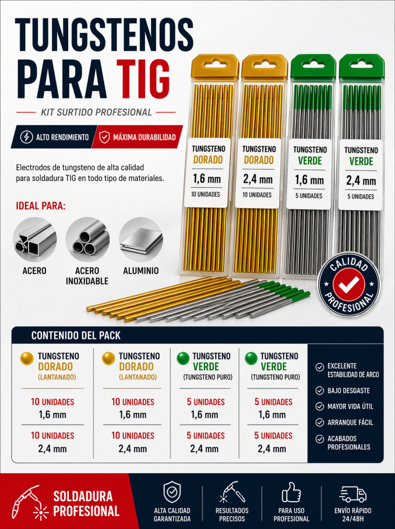 PACK Tungstenos para TIG surtido dorado y verde (1,6 mm y 2,4 mm)