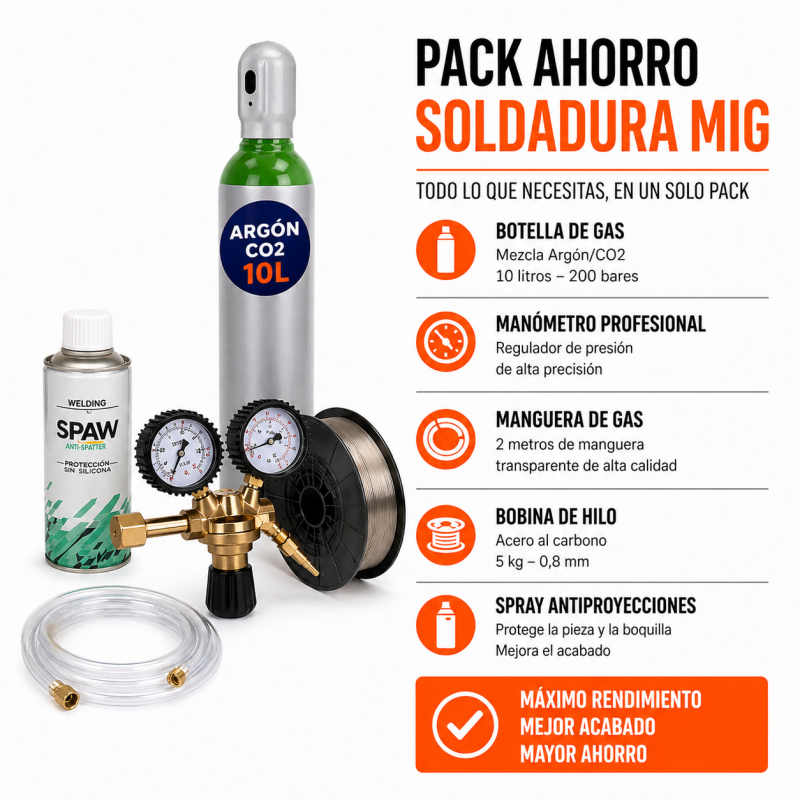 PACK AHORRO SOLDADURA MIG (botella 10 L,manguera,bobina,manómetro y spray)