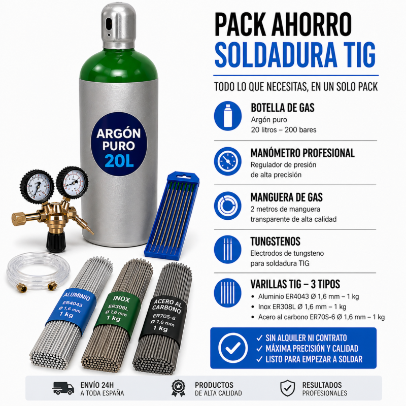 PACK AHORRO SOLDADURA TIG CON ARGÓN PURO 20L SIN ALQUILER