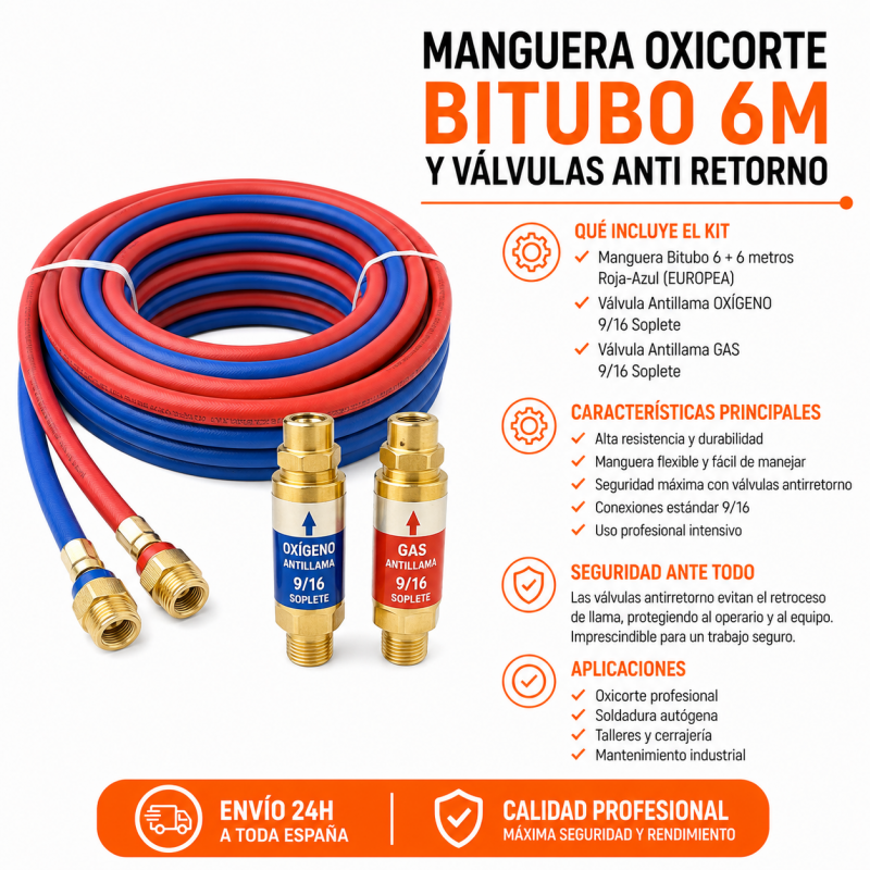 MANGUERA OXICORTE BITUBO 6M + VÁLVULAS ANTIRRETORNO
