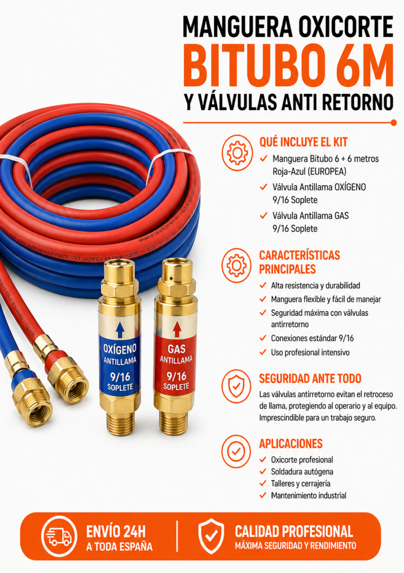 MANGUERA OXICORTE BITUBO 6M + VÁLVULAS ANTIRRETORNO