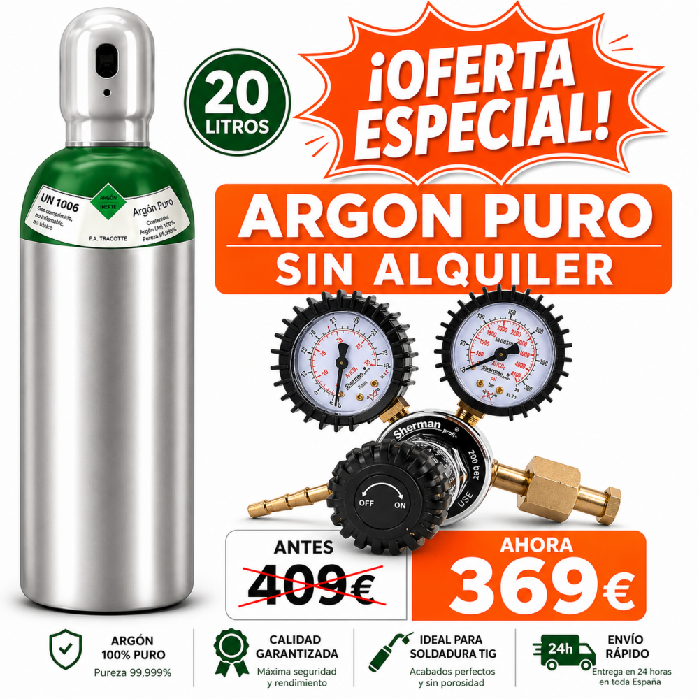 Botella Argón puro 100% llena 20L + Regulador | Sin alquiler