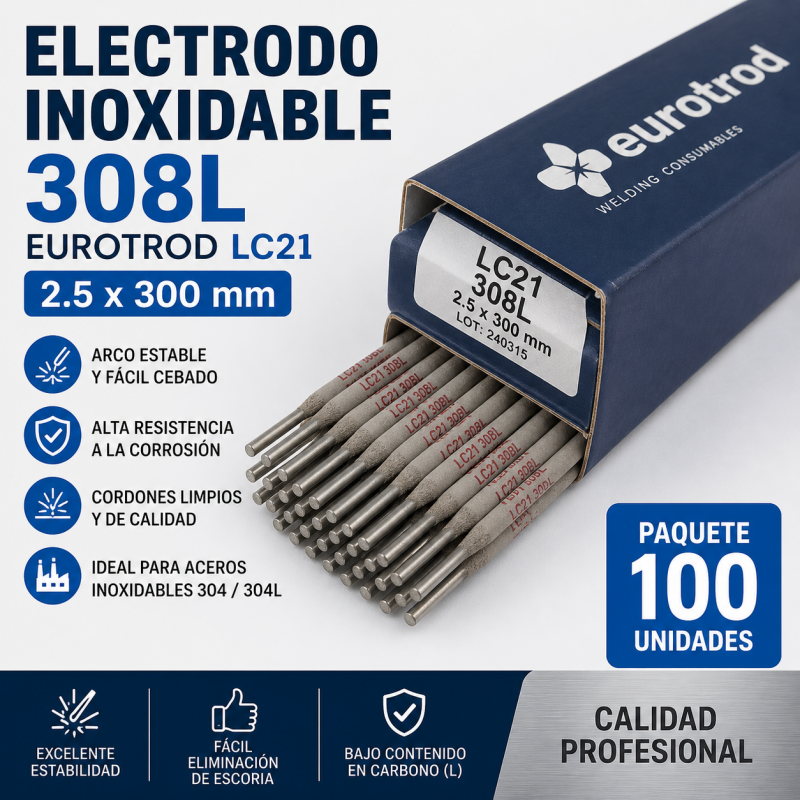 Electrodo inoxidable 308L 2.5 x 300 mm EUROTROD LC21 | Paquete 100 unidades