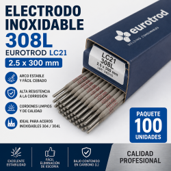 Electrodo inoxidable 308L 2.5 x 300 mm EUROTROD LC21 | Paquete 100 unidades