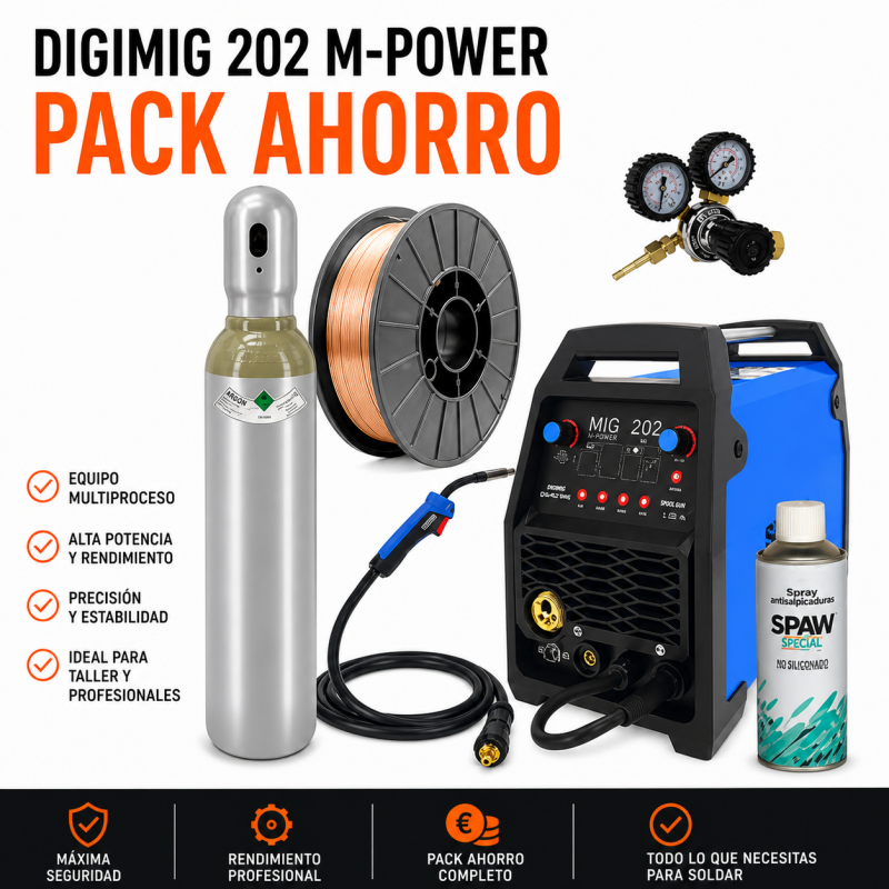 PACK AHORRO SOLDADURA MIG 202M-POWER (botella 10 L,manguera,bobina,manómetro y spray)