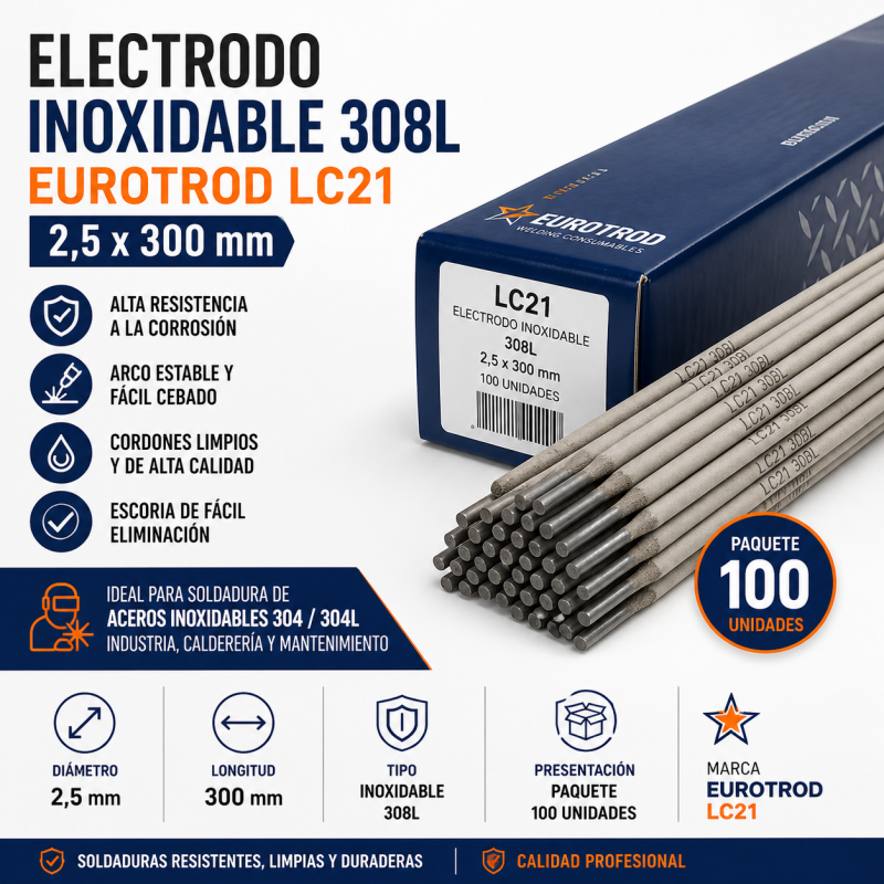 Electrodo inoxidable 308L 2,5 x 300 mm EUROTROD LC21 | Paquete 100 unidades