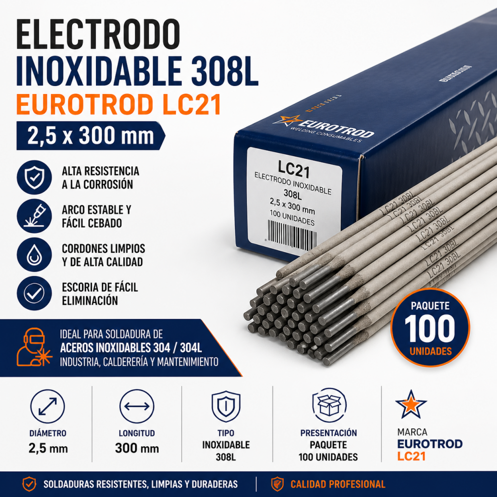 Electrodo inoxidable 308L 2,5 x 300 mm EUROTROD LC21 | Paquete 100 unidades