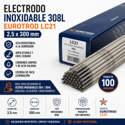 Electrodo inoxidable 308L 2,5 x 300 mm EUROTROD LC21 | Paquete 100 unidades