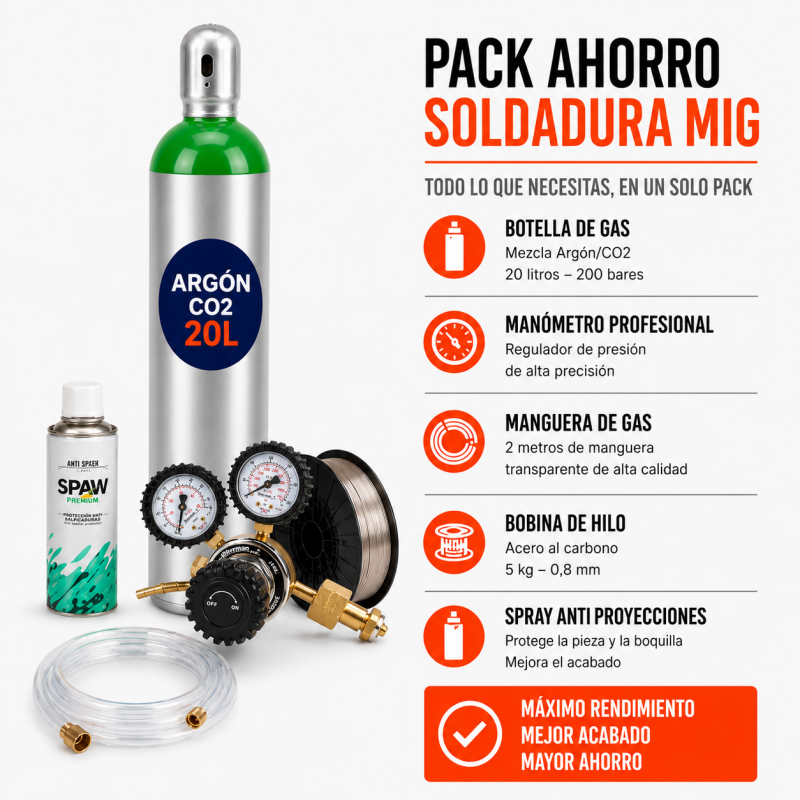 PACK AHORRO SOLDADURA MIG (Botella 20L,manguera,bobina,manómetro y spray)