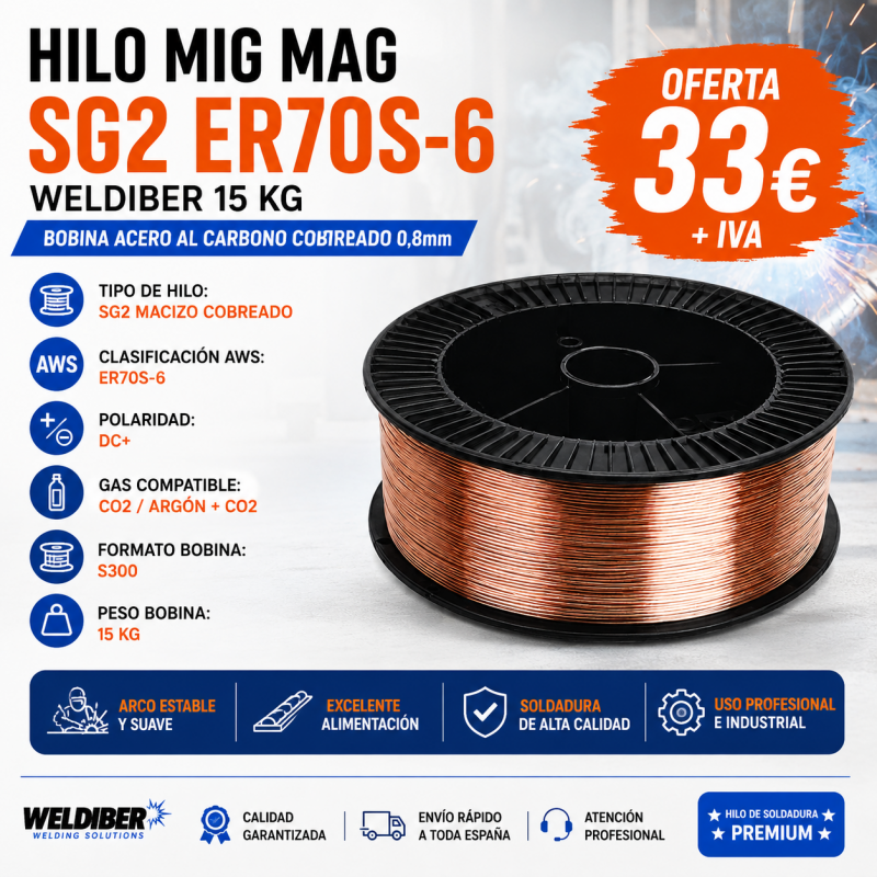 + Hilo MIG MAG SG2 ER70S-6 Weldiber 15 Kg | Bobina acero al carbono cobreado 0,8mm