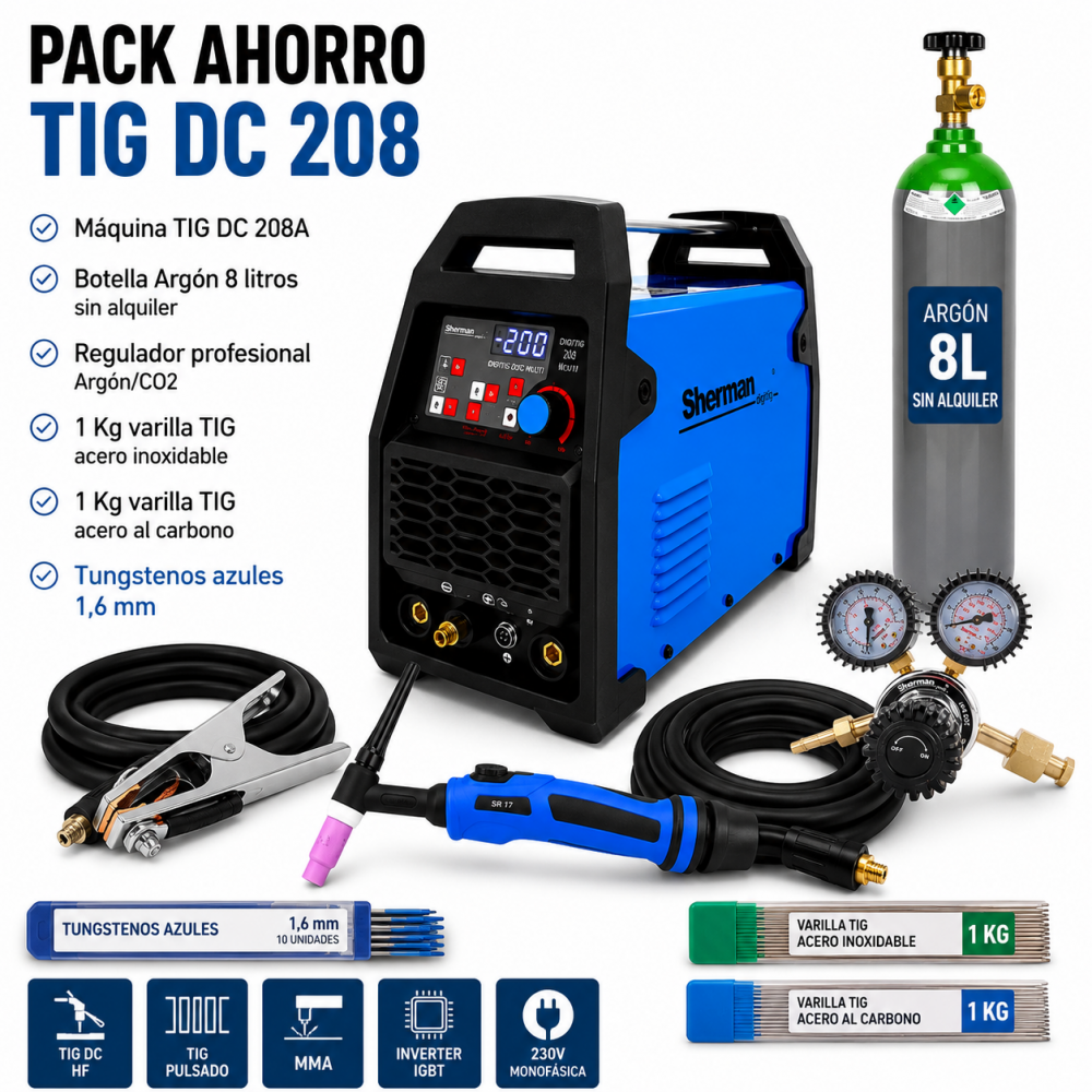 Pack Ahorro Sherman DIGITIG 208 DC MULTI + Botella Argón 8L + Regulador + Varillas + Tungstenos