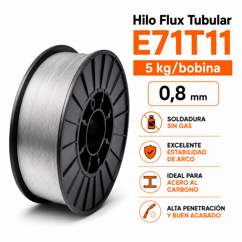 Hilo Flux Tubular E71T11 – 5 kg/bobina 0,8 mm, soldadura sin gas