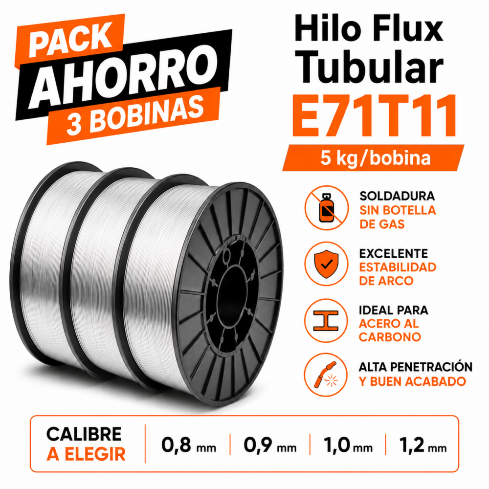 Pack Ahorro 3 Bobinas Hilo Flux Tubular E71T11 5 Kg Soldadura sin gas Calibre a elegir