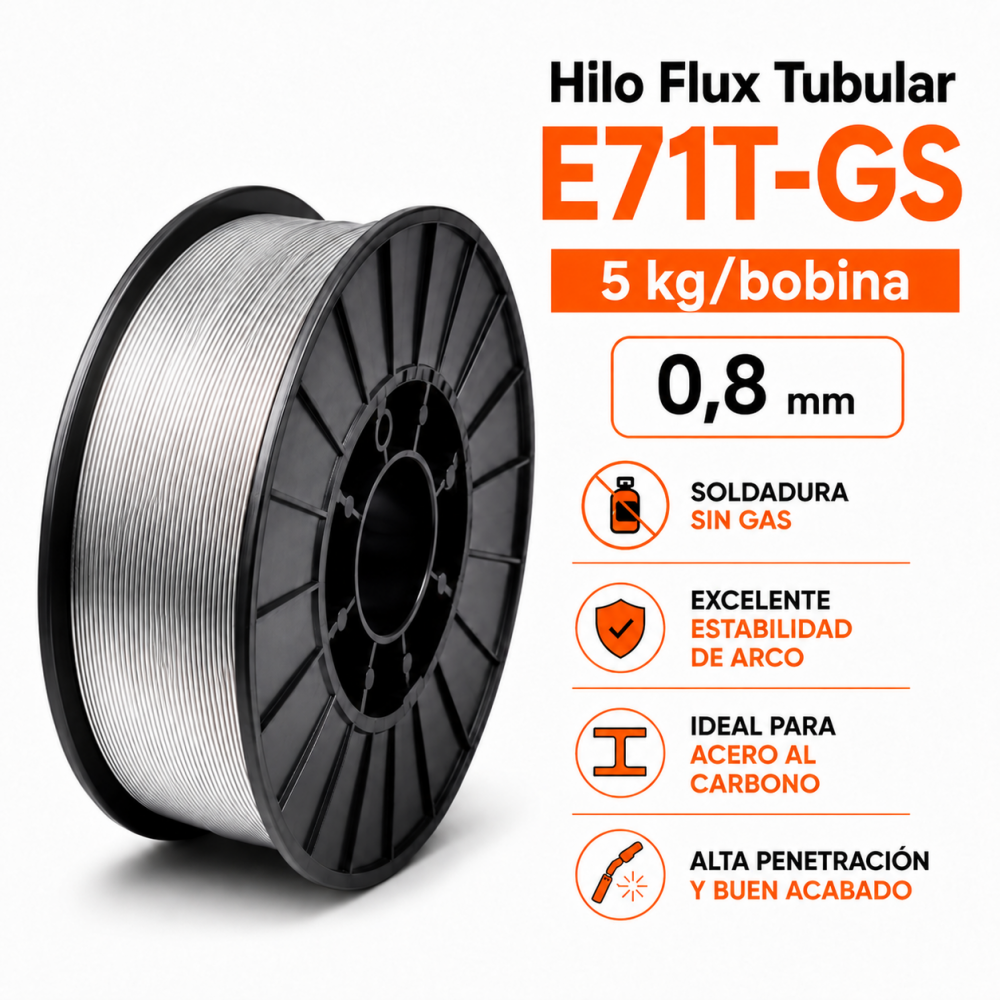 Hilo Flux Tubular E71T-GS – 5 kg/bobina 0,8 mm, soldadura sin gas