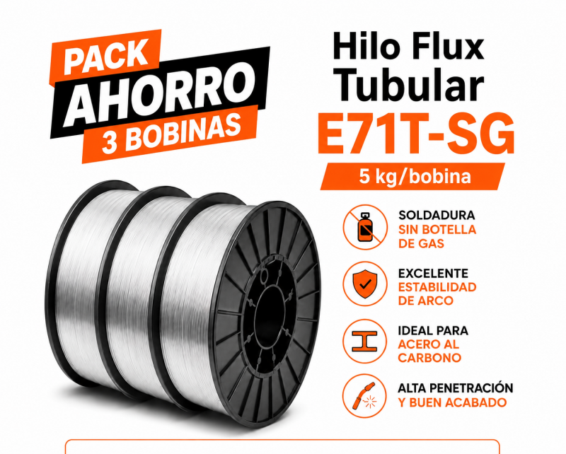 Pack Ahorro 3 Bobinas Hilo Flux Tubular E71T-SG 5 Kg Soldadura sin gas 0,8 mm