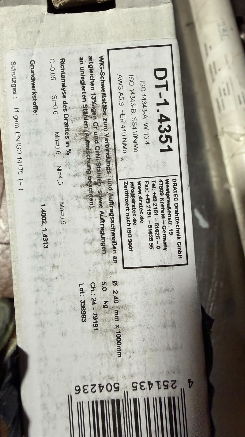 VARILLA TIG INOX ER410NiMo 2,4 x 1000 mm – 5 kg