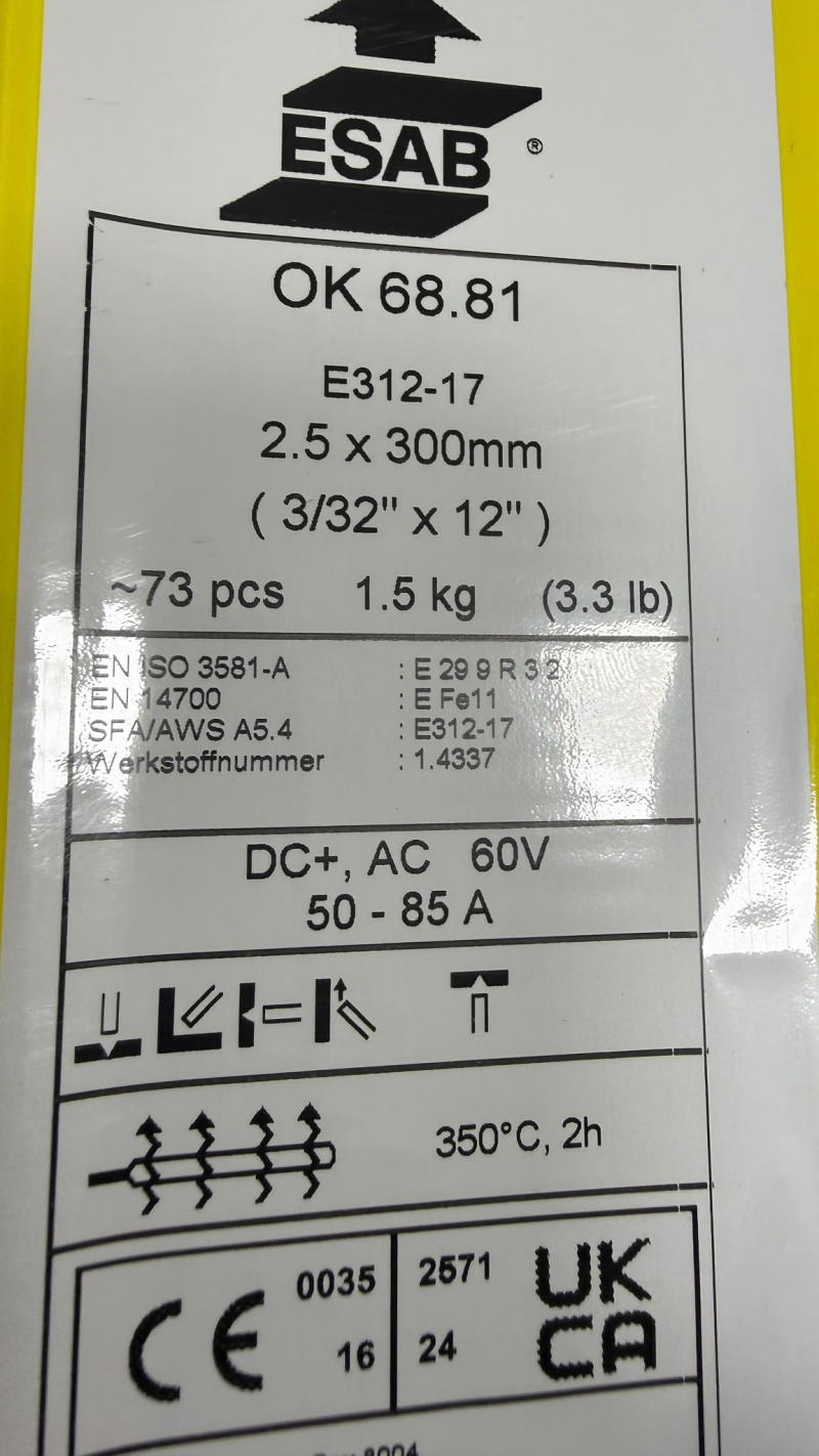 ELECTRODO 29/9 ESAB OK 68.81 E312-17 – 2,5 X 300 MM -73 unidades