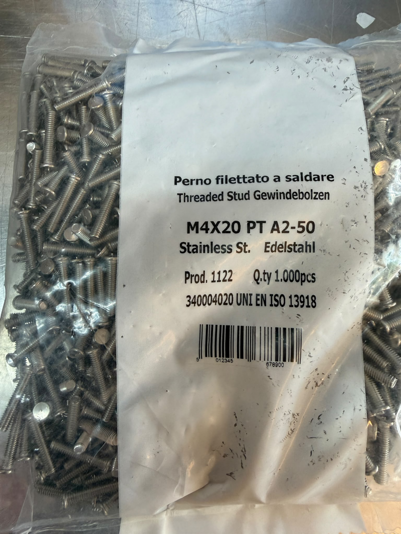 PERNO SOLDABLE CD PT M4X20 MM- AC INOX A2-50 ESPARRAGO ISO 13918:2018-20.000 UNIDADES PERNO SOLDABLE CD PT M4X20 MM- AC INOX A2-50 ESPARRAGO ISO 13918:2018-20.000 UNIDADES